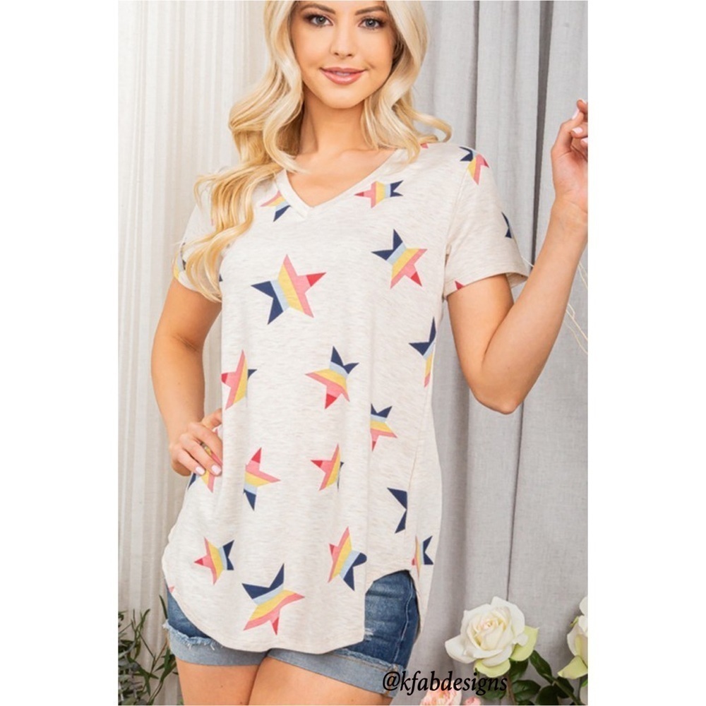 NEW! V Neck Soft Knit Stars and Rainbows Top!